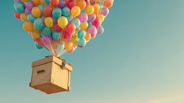 Colorful Balloons Tied to Suitcase Handle Lifting Upward