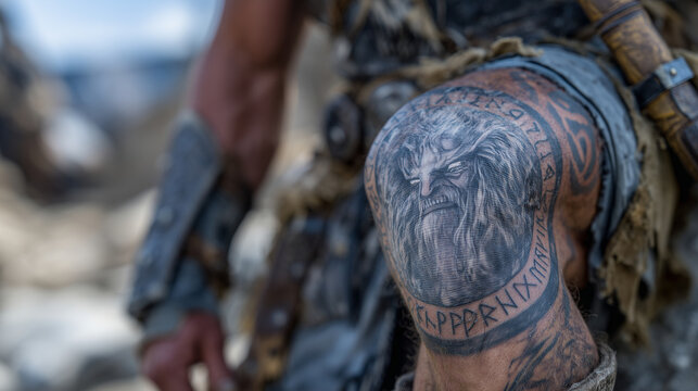 Close-up of a Norse mythology tattoo on a man&acirc;s thigh, Odin symbol and runic inscriptions, rough stone texture illusion, dark earthy tones, ancient warrior vibe