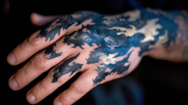 Close-up of a dark blackwork tattoo on a man&acirc;s hand, bold abstract shapes and negative space, matte ink finish, veins and knuckle details visible, dramatic moody lighting