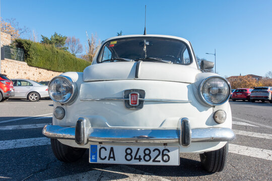 Plasencia, Spain - December 14, 2025: Exhibition of classic vehicles. View of a retro white SEAT 600, A passenger car produced by the Spanish manufacturer SEAT between 1957 and 1973.