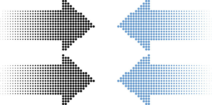 Set of four dotted halftone directional arrows in black and light blue for digital navigation and motion graphics.