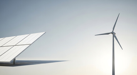 Solar panel and wind turbine generating power against a bright sky