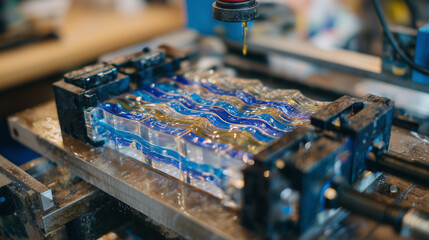 Close-up of epoxy resin curing inside silicone molds, visible heat waves and surface tension, clamps holding the mold together, industrial yet artisanal workshop environment
