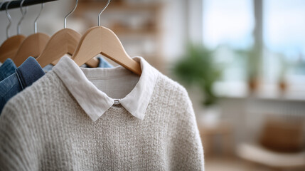 Close-up of clothes hanging on hangers in a Scandinavian-style bedroom, muted colors, linen shirt, classic blue jeans, folded knit sweater, clean interior design, diffused daylight