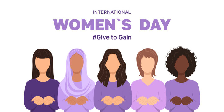 International Womens Day illustration featuring diverse women with open hands symbolizing Giving Support and Empowerment. Flat modern vector design. March 8. IWD2026 Give to gain campaign theme