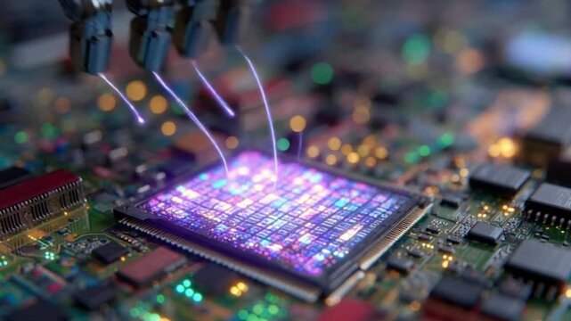 robotic arm, AI robot, microchip, computer circuit board, close-up of a circuit board with a microchip