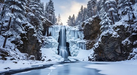 Frozen Waterfall in Winter Landscape with Snow and Ice.