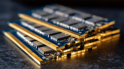 Close-up of multiple DDR5 RAM sticks stacked like bars of gold on a tabletop, metallic heat spreaders gleaming under studio lights, shallow depth of field, visual metaphor for incr