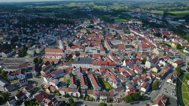 Aerial view of the old town and city Pfaffenhofen an der Ilm, 85276 in Germany, Bavaria on a sunny noon spring day