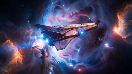 Spacecraft navigating through vibrant nebula
