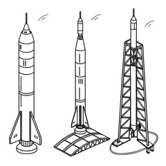Fototapeta premium A detailed illustration showcases three different rocket designs ranging from classic to futuristic in a black and white style