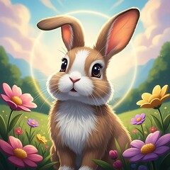 Adorable Bunny in a Blooming Meadow with Colorful Flowers.