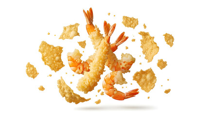 Crispy shrimp tempura arranged in a dynamic exploded composition for modern culinary branding. Isolated on White background