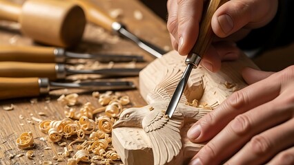 Skilled craftsman carving wooden bird figurine with precision