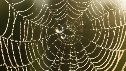 Dew drops on spider web in the morning light