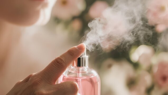 Close-up of a person spraying a delicate pink perfume bottle, creating a fine mist against a soft floral background.