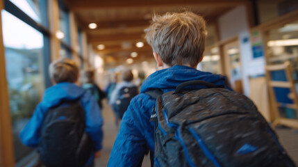 Wide interior hallway shot of children walking to class, backpacks visible from behind, bright school lighting, winter clothing gradually being removed, fresh academic start concep