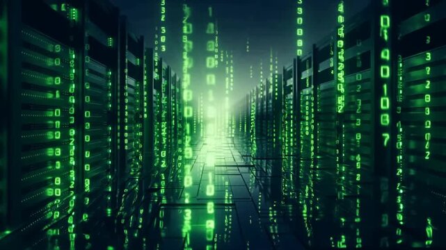 A Glimpse into a Futuristic Data Center with Streams of Glowing Green Code Illuminating the Rows of Servers in a High-Tech Digital Environment