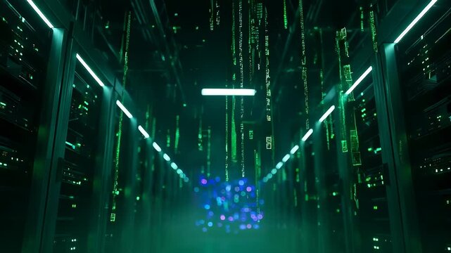 Futuristic Data Center Visualization Featuring Neon Green Digital Code Cascading Through Server Racks, Creating a High-Tech Atmosphere Perfect for Cybersecurity Themes