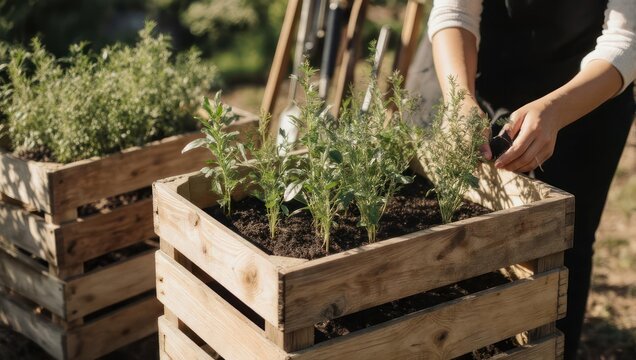 Close-up of a person tending to herbs in wooden crates, showcasing sustainable gardening practices.