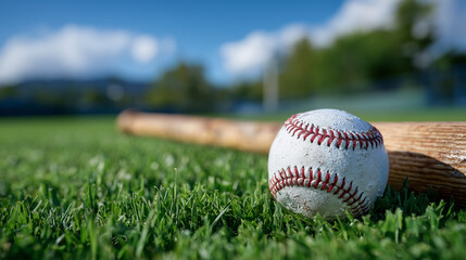 Close-up of a baseball bat lying parallel to a baseball on pristine grass, vivid green field, crisp shadows under clear blue sky, fresh and optimistic baseball season beginning con