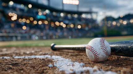 Close-up of an aluminum baseball bat and baseball near home plate, chalk lines partially visible, gritty field texture, dramatic stadium lighting hinting at an upcoming night game