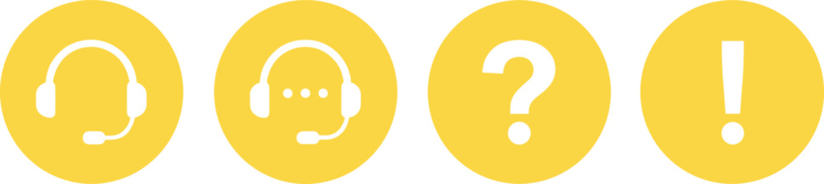 Set of four yellow circle customer support icons featuring headset help question mark and alert symbols for website contact pages.