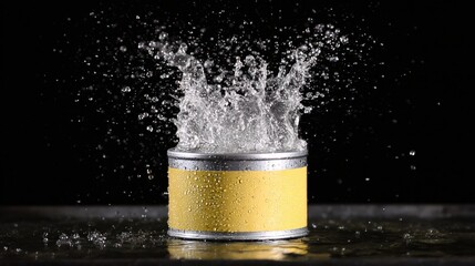 Sealed container experiences dramatic liquid splash against a dark background