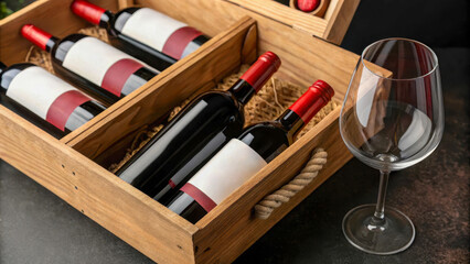 Close-up of wine bottles in a box with an emphasis on the design and packaging. Dark background. Suitable for alcohol advertising, sales and delivery.