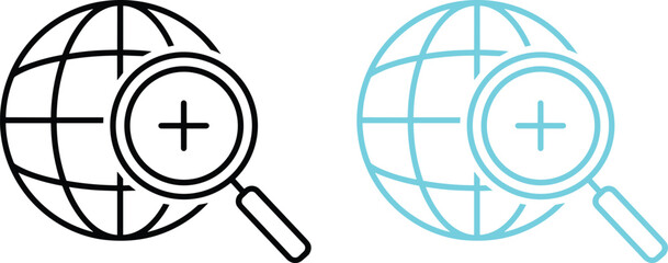 Global search and zoom-in magnifying glass icons with wireframe globe in black and cyan blue line art for data discovery and technical research.