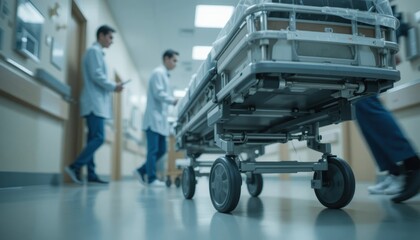Fototapeta premium Hospital staff moving a stretcher in a healthcare facility setting Generative AI