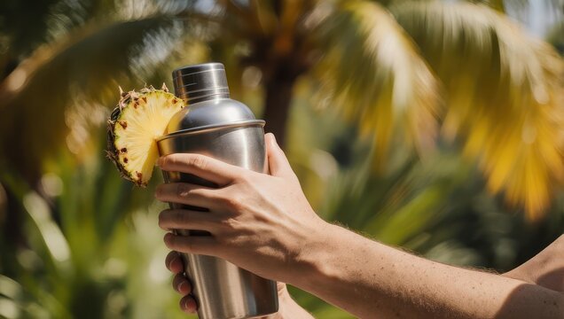 Close-up of a persons hands holding a cocktail shaker with a pineapple slice garnish against a blurred tropical background.