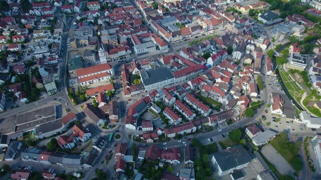 Aerial view of the old town and city Pfaffenhofen an der Ilm, 85276 in Germany, Bavaria on a sunny noon spring day