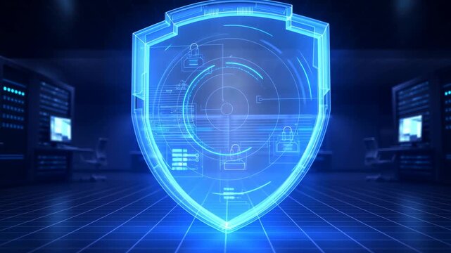 A Glowing Digital Shield Representing Cybersecurity and Data Protection in a Futuristic Server Environment