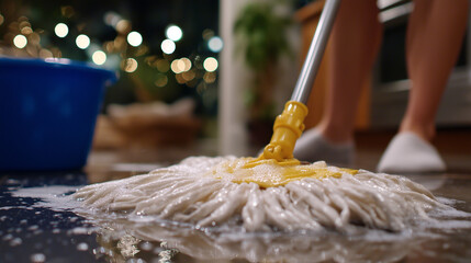 Close-up of a woman mopping kitchen floor, soapy water reflecting overhead lights, holiday mess being removed, focused action on smooth tiles