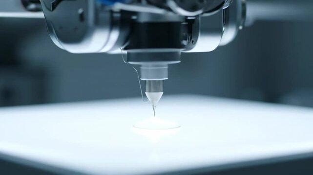 Close-up of a Robotic Arm with a Precision Dispenser Applying Liquid Droplets onto a White Surface