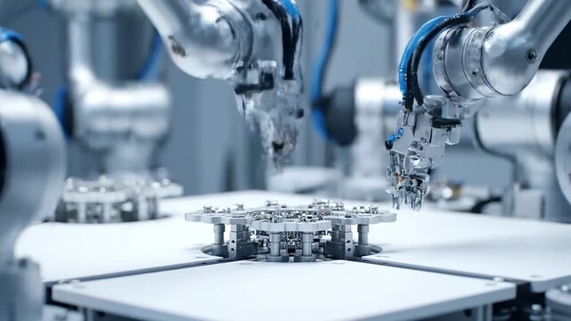 Close-up of Robotic Arms Assembling Microchips and Electronic Components on a Rotating Platform in a High-Tech Factory