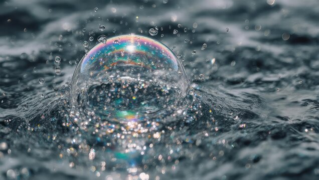 Close-up of a single bubble floating on the surface of rippling water with light reflections.