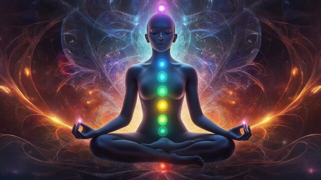 Spiritual energy flow visualization of seven chakras glowing during deep meditation