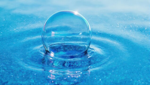 Close-up of a single water droplet creating ripples on a blue surface.