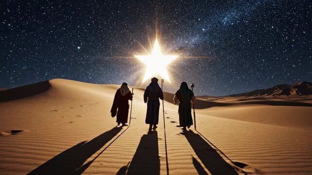 Diverse Three Wise Men Walking in Desert Towards Star of Bethlehem. Biblical Magi Journey for Epiphany and Christmas. Generative AI.