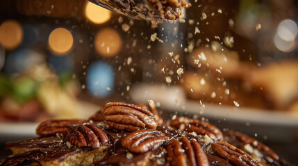 Close-up of pecans being sprinkled over a dessert, pie crust or chocolate bark partially visible, warm ambient lighting, indulgent culinary scene