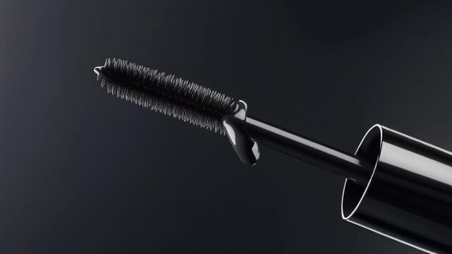 Mascara wand applicator brush rotating smoothly, showing black creamy liquid texture for beauty advertising.