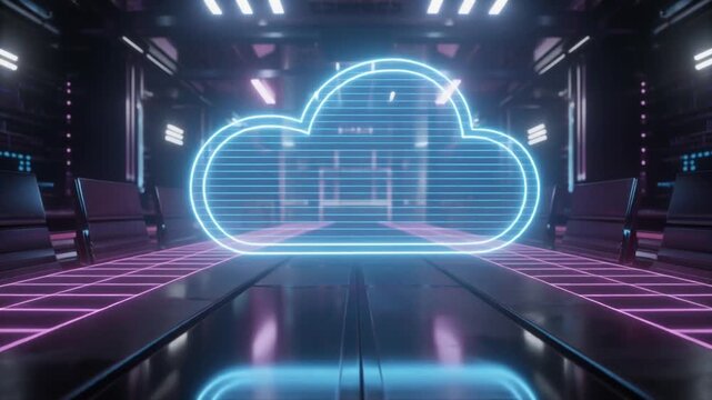 Futuristic Neon Cloud Hologram Floating Above High-Tech Digital Boardroom Conference Table for Business and Data Storage.