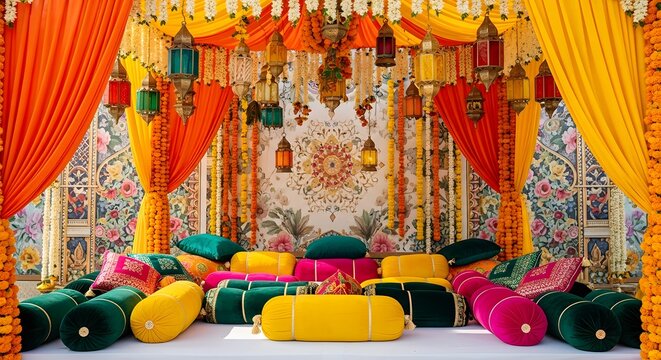 Vibrant Indian wedding stage decor featuring colorful pillows, l