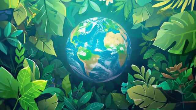 illustration of planet Earth globe in green leaves, responsible consumption and resources sustainability, balance of ecology and harmony with environment concept 4k