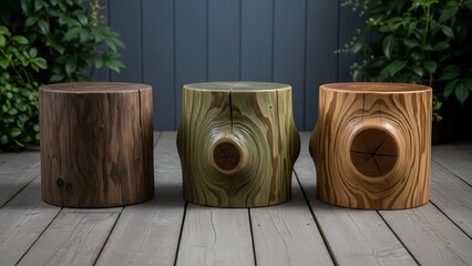 Three wooden tree stump side tables or stools on deck