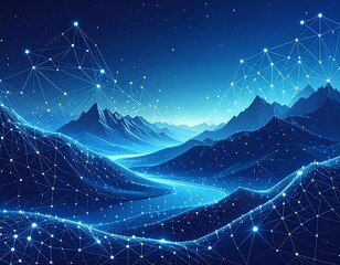 A digital landscape depicts connected mountains and valleys under a starry night sky, rendered in shades of blue