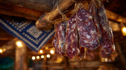 Wide-angle of hanging cured meats in a traditional smokehouse, salami, hams, and biltong, warm rustic lighting, artisanal and heritage food concept