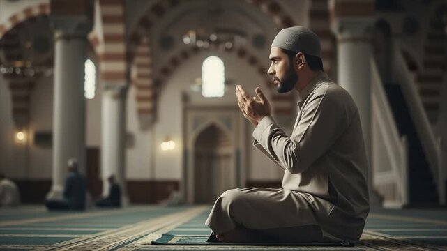 Muslim Man Making Dua Inside Mosque, Peaceful Prayer Moment After Ameen